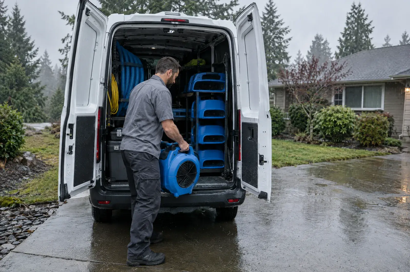 Restoration equipment ready to load for a water damage job