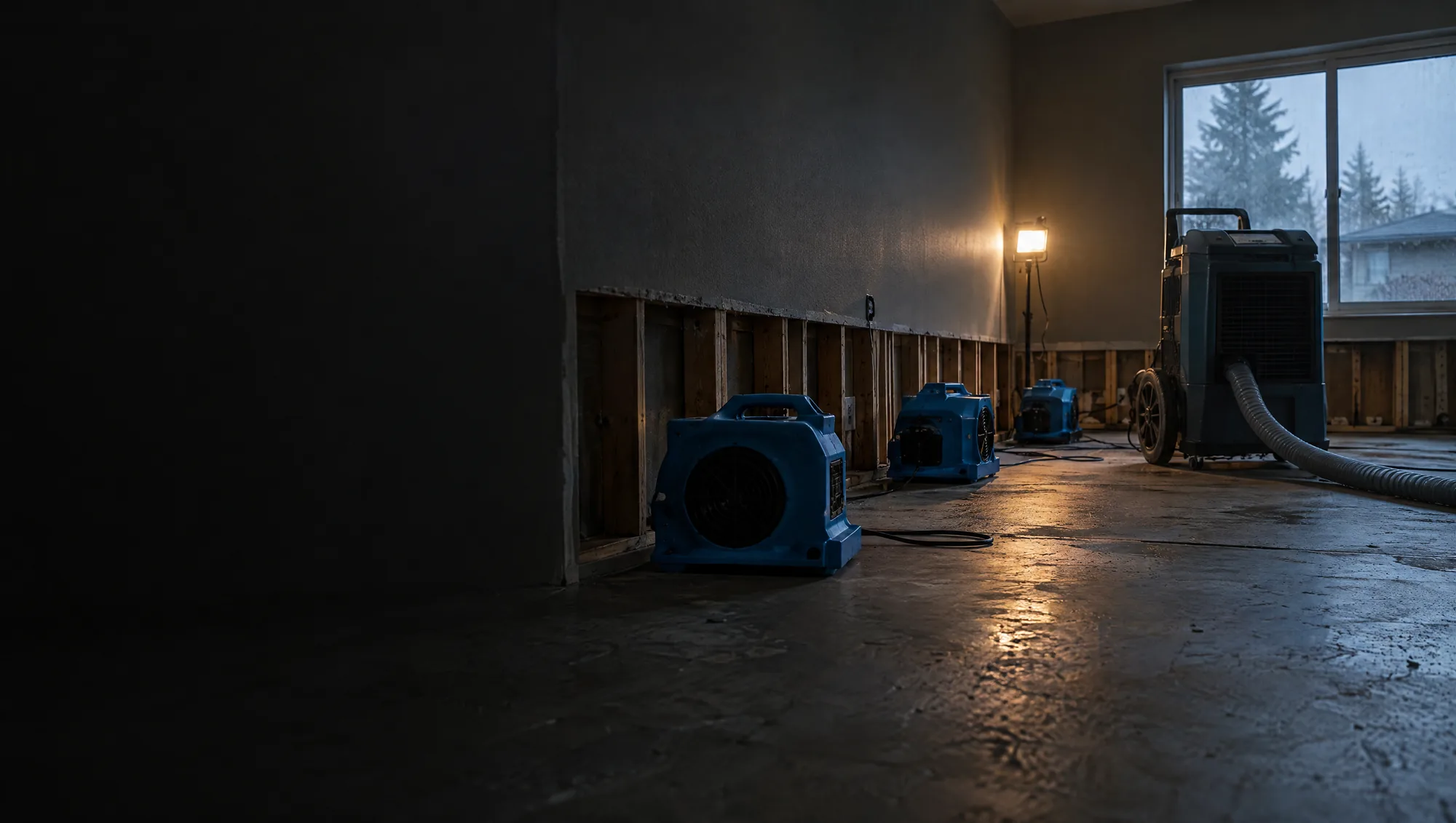 Air movers and a dehumidifier drying a home after a water loss, with the wall opened on a flood cut