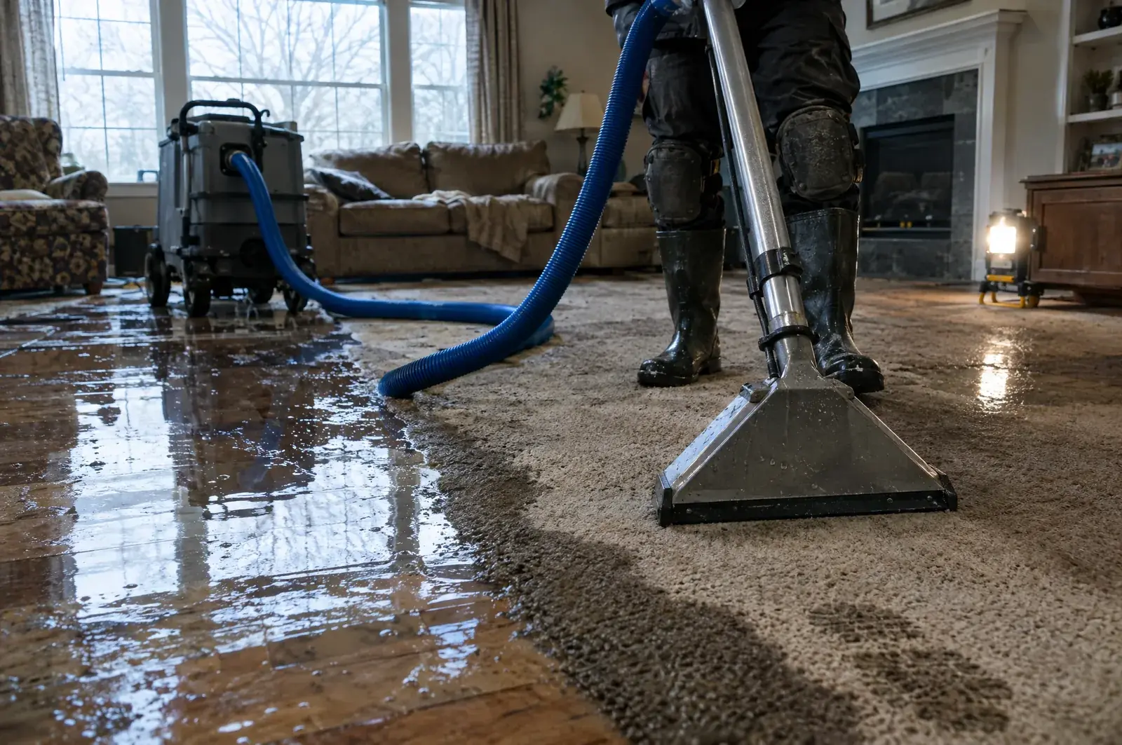 Technician using a weighted extraction wand on soaked carpet beside standing water, with a portable extraction unit and hose during emergency water extraction in a home