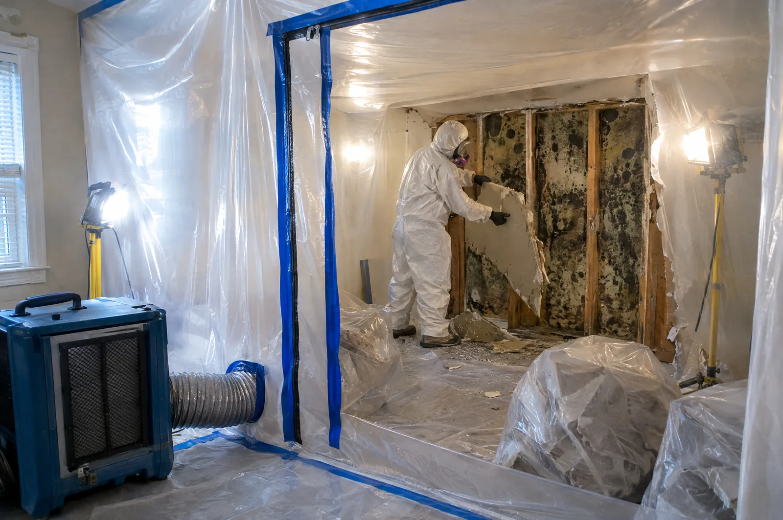 Technician in protective gear removing moldy drywall inside a sealed plastic containment with a negative air machine and ducting, exposing mold on the wall studs