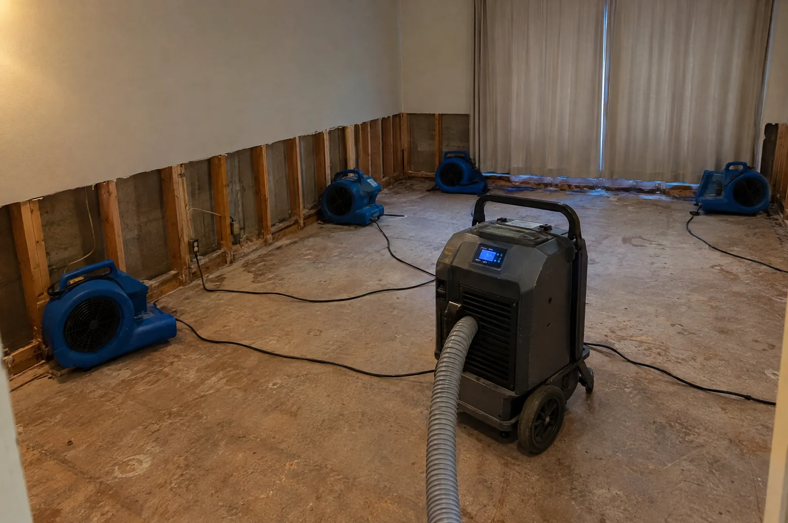 Air movers and a low-grain refrigerant dehumidifier drying a room after a flood cut exposed the wall studs and bottom plate