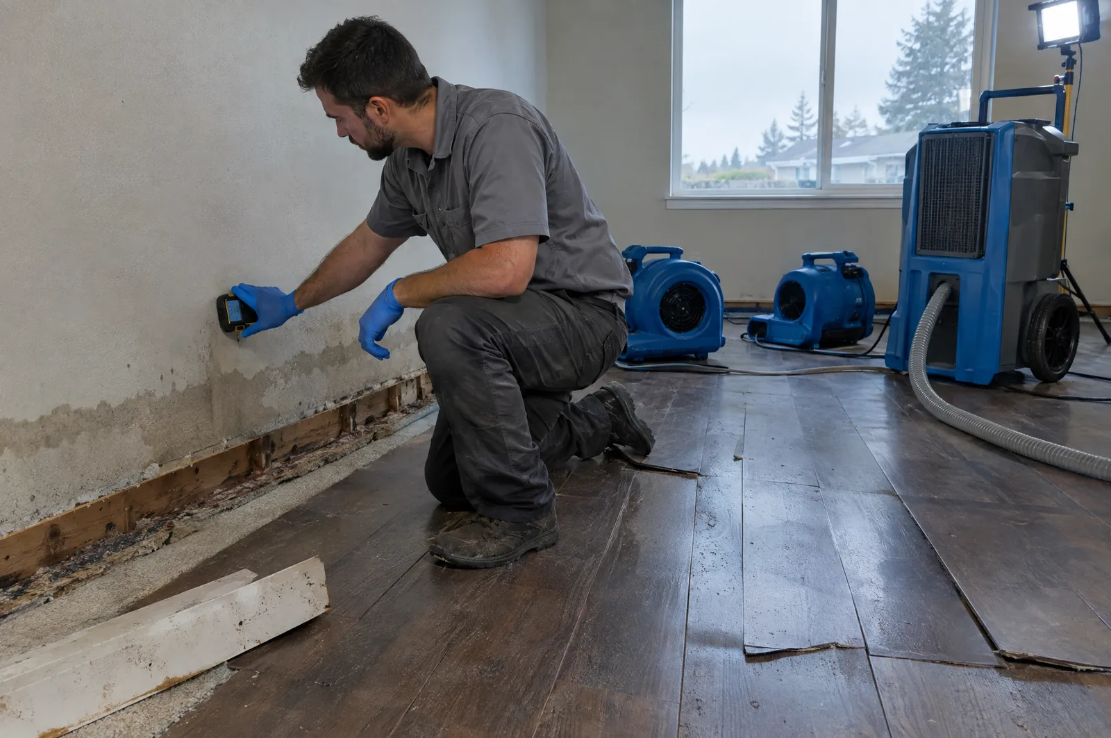 Restoration technician taking a moisture reading on water-stained drywall above a removed baseboard, with air movers and a dehumidifier running in a residential room